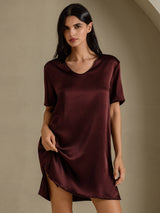 [Brown] SilkSilky-AU Half Sleeve V Neck Nightgown 001