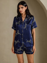 [Navy Zebra] SilkSilky-AU Short Sleeve Lapel Collar Women's Pyjamas 001