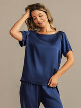 [Dark Blue] SilkSilky-AU 19Momme Machine-Washable Silk Short Sleeve Women's Pyjamas 003