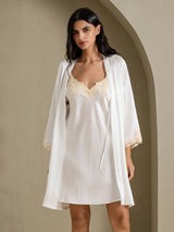 [White] SilkSilky-AU 3/4 Sleeve V Neck Nightgown&Dressing Gown Set 003
