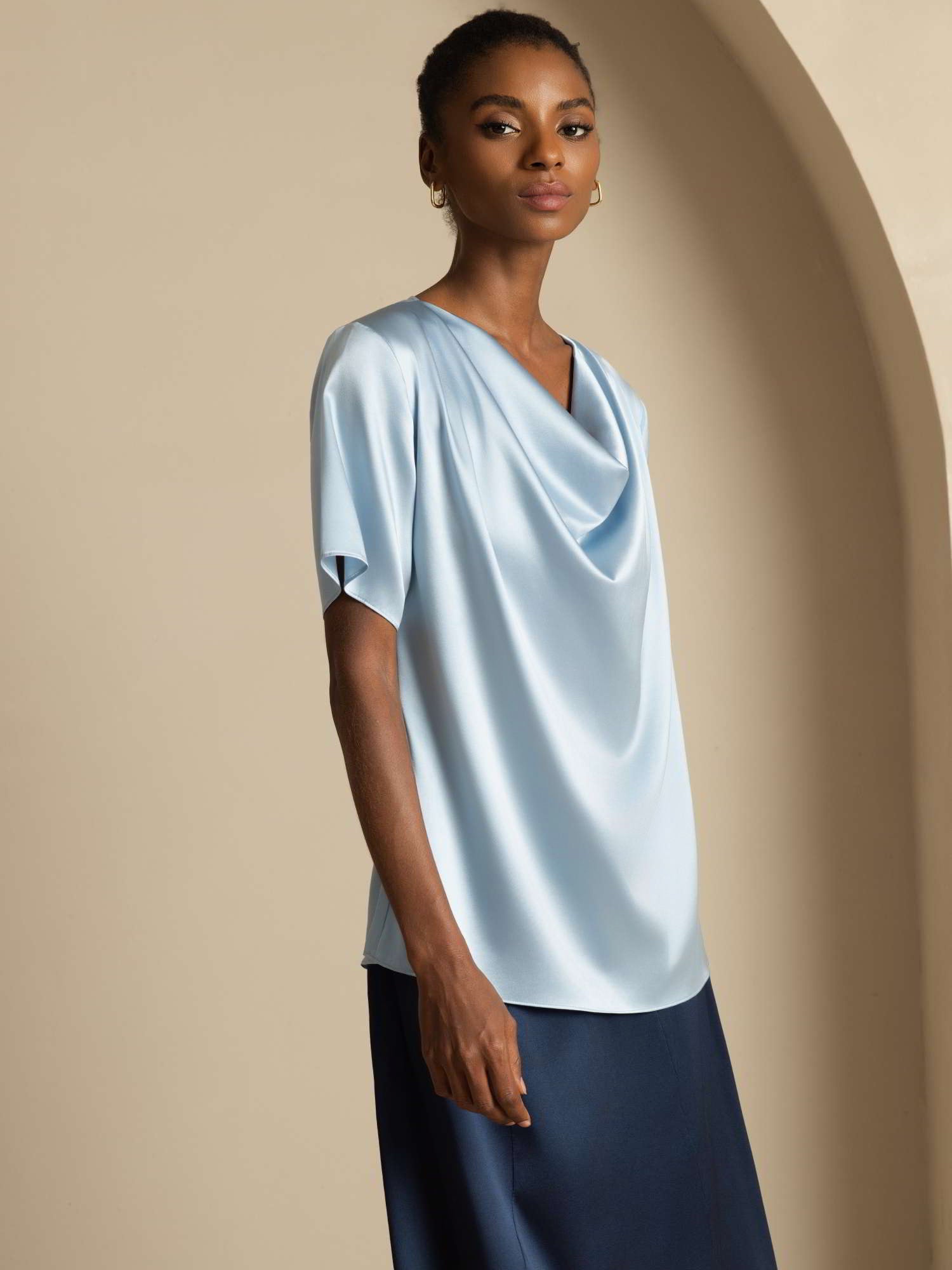 [Grayish Blue] SilkSilky-AU 19Momme Silk Short Sleeve Cowl Neck Blouse 006