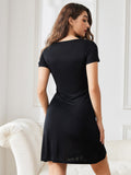 SilkSilky AU Silk Knitted Short Sleeve Round Neck Women's Loungewear Black 002