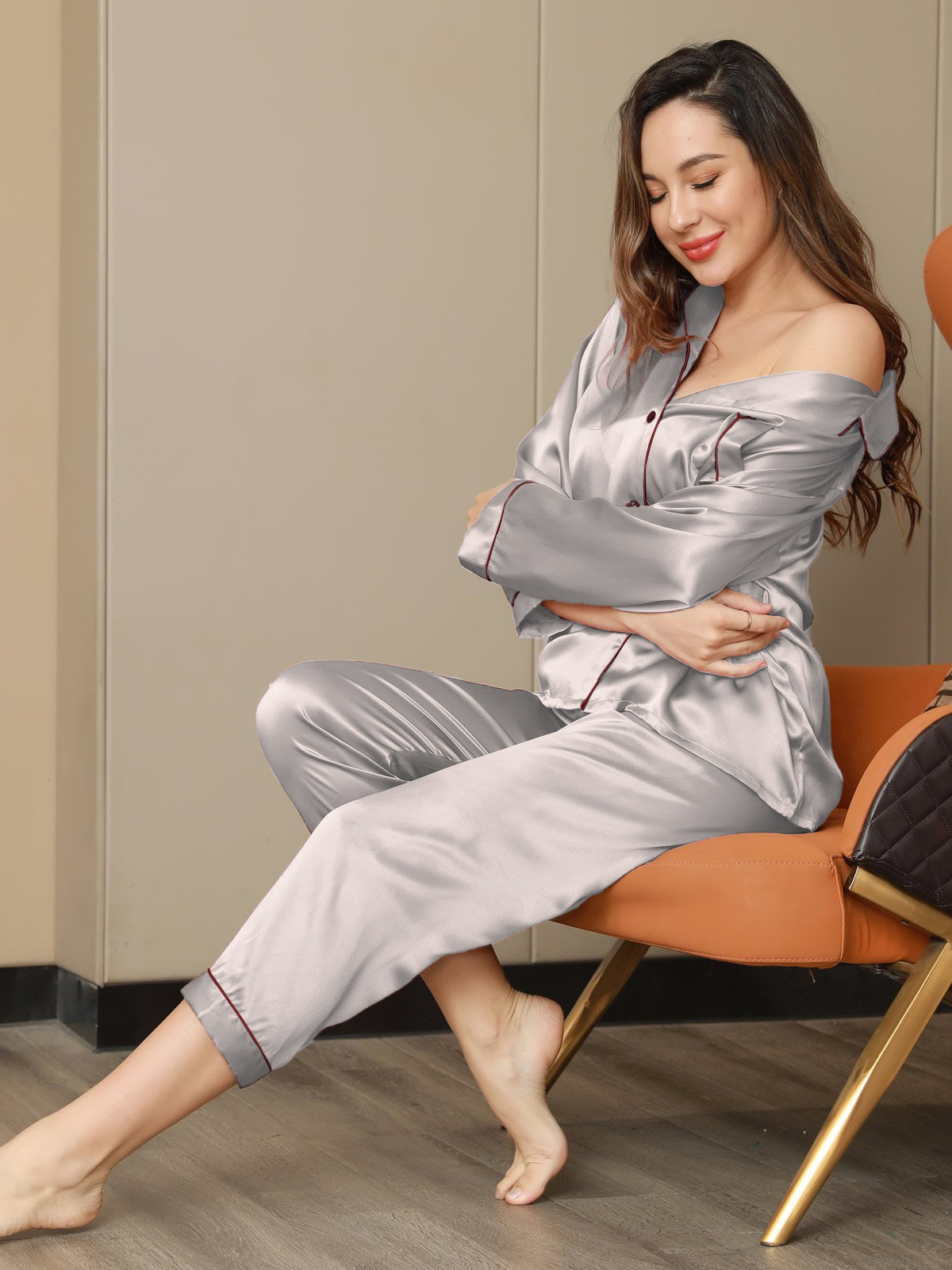 SilkSilky-AU Pure Silk Long Sleeve Lapel Women's Pyjamas Silver 002