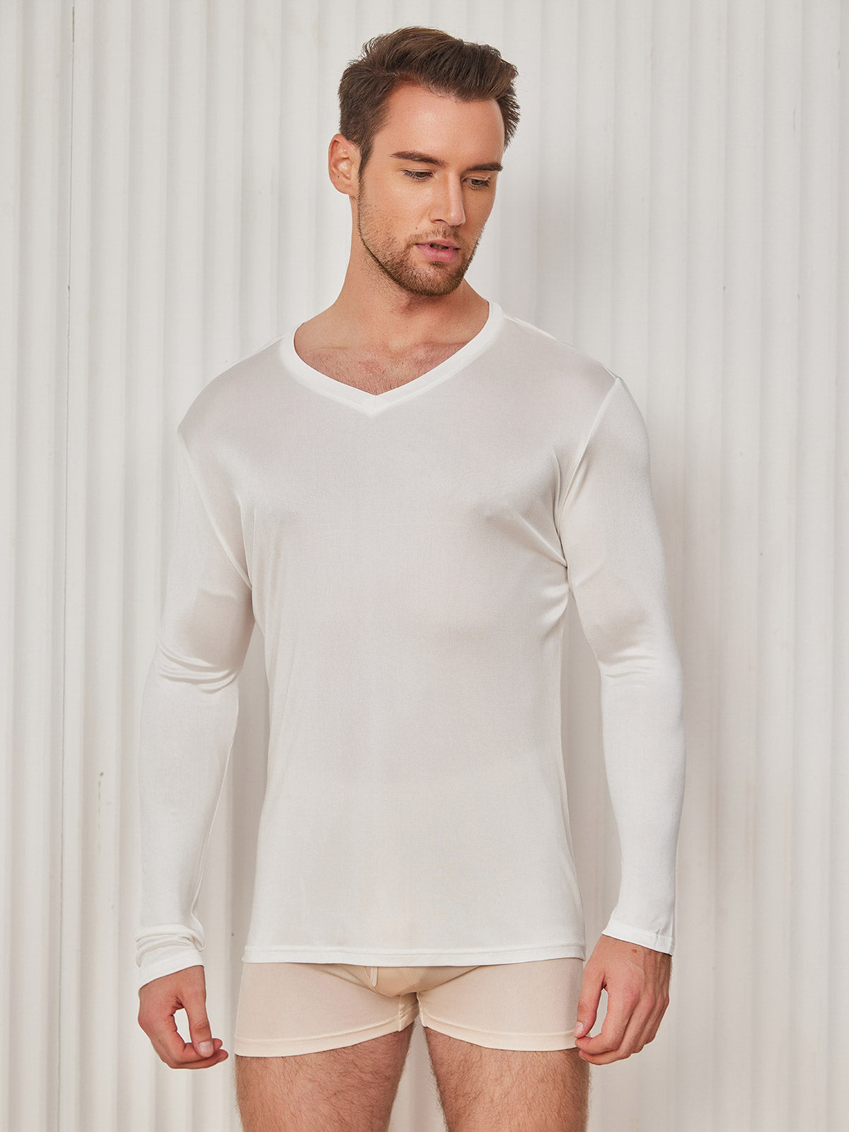 SilkSilky AU Silk Knitted Long Sleeve V Neck Men's T Shirt White 003