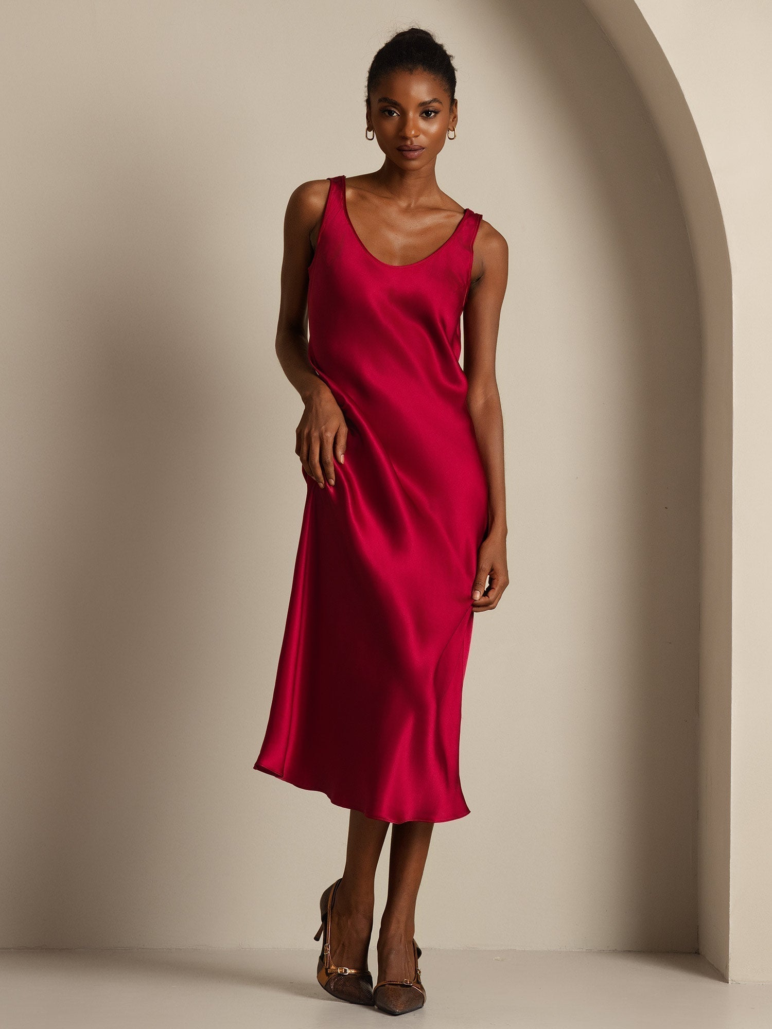 [Wine] SilkSilky-AU Pure Silk Boat Neck Dress 001,