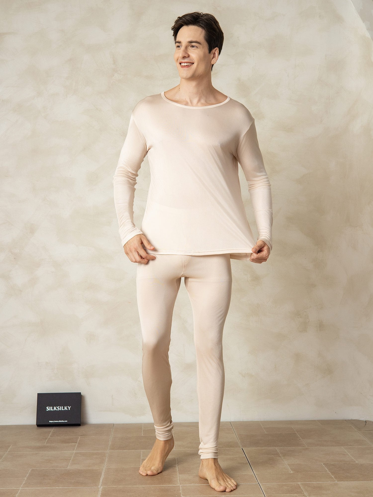 [Tan] SilkSilky-AU Silk Knitted Round Neck Men's Pyjamas 003