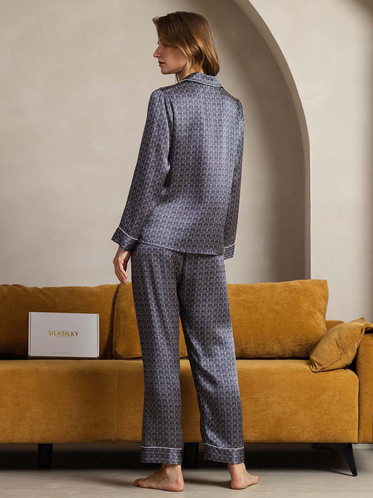 [Navy Ginkgo] SilkSilky-AU Pure Silk Womens Pajamas 002