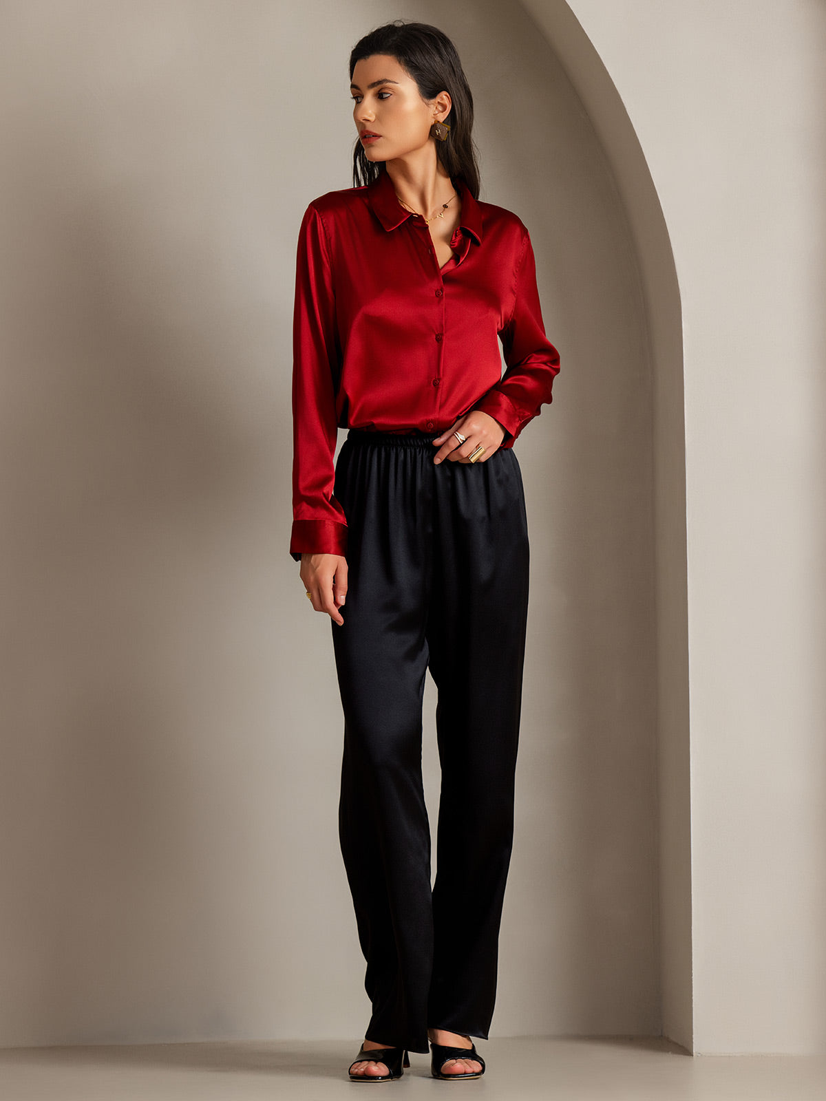 [Red] SilkSilky-AU 19Momme Stretch Silk Charmeuse Long Sleeve Lapel Collar Women's Shirt 006