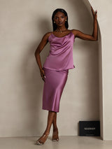 [Deep Purple] SilkSilky-AU 19Momme Stretch Silk Charmeuse Spaghetti Strap Cowl Neck Camisole 006