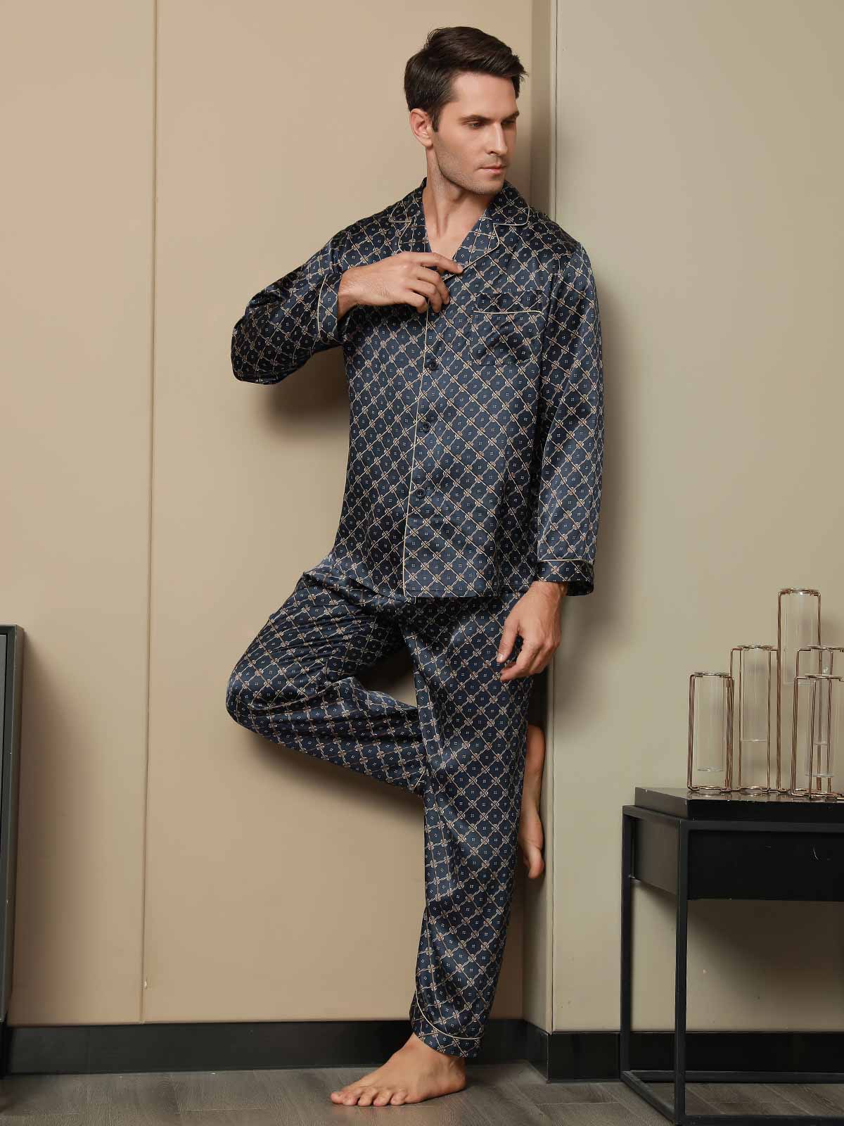 SilkSilky AU Pure Silk Long Sleeve Lapel Men's Pyjamas DarkBlue 005