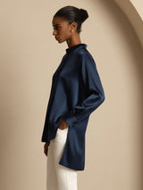 [Dark Blue] SilkSilky-AU 19Momme Stretch Silk Charmeuse Long Sleeve Stand Collar Blouse 003