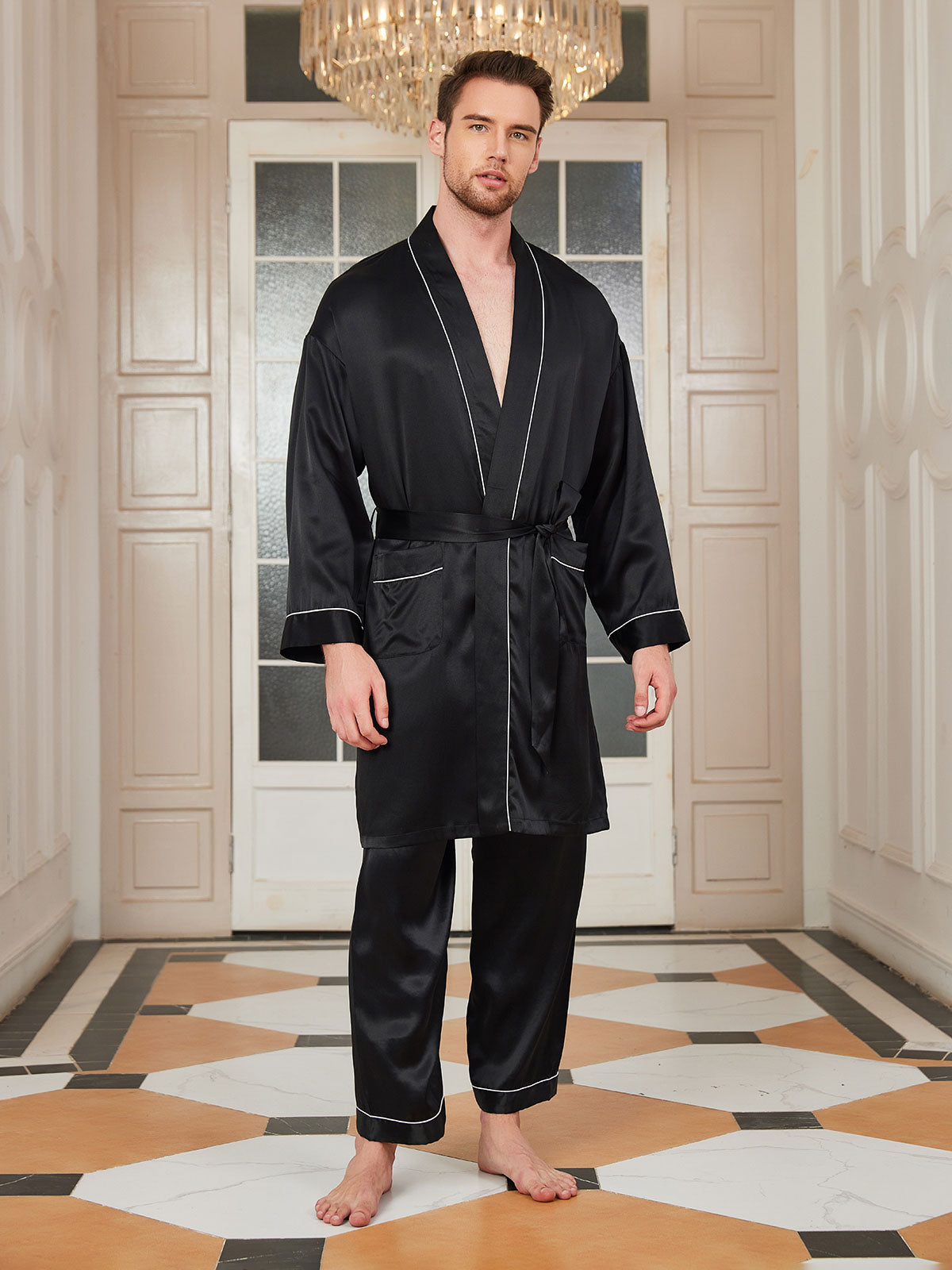 SilkSilky AU Pure Silk 3/4 Sleeve Deep V Neck Men's Dressing Gown Black 001