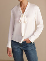 [White] SilkSilky-AU Long Sleeve Tie Neck Women's Blouse 006