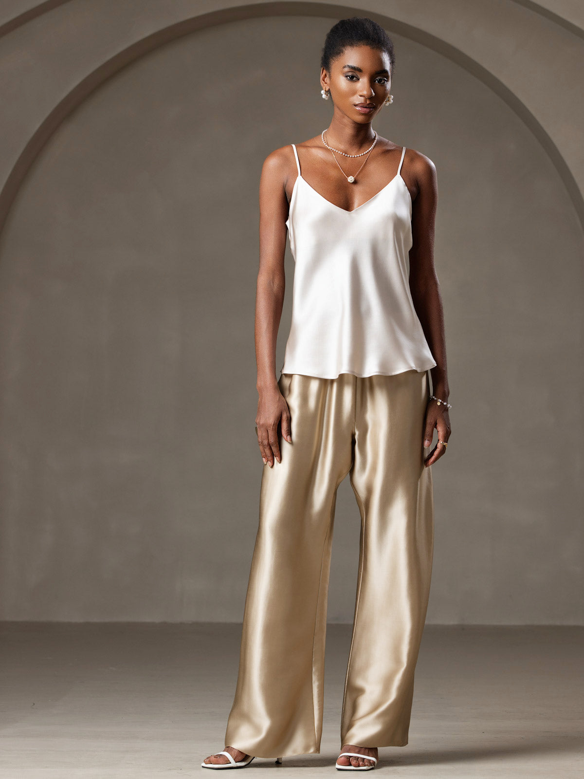 [Beige] SilkSilky-AU Pure Silk V Neck Camisole 003