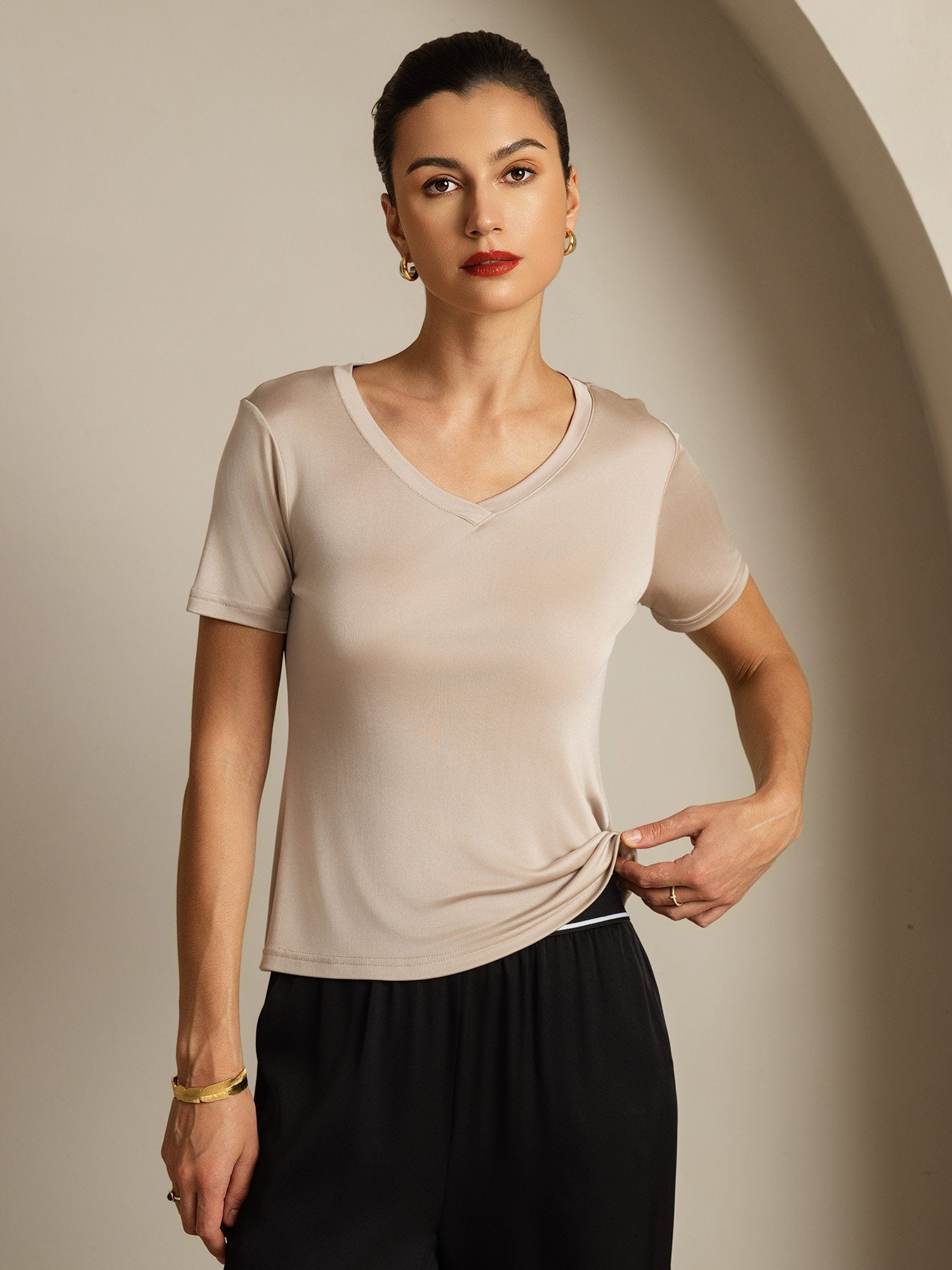 [LightKhaki] SilkSilky-AU Pure Silk V Neck Women's T-Shirt 003
