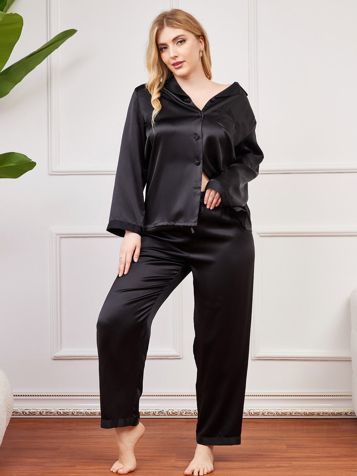 SilkSilky AU Pure Silk Long Sleeve Lapel Plus Size Pyjamas Black 003