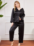 SilkSilky AU Pure Silk Long Sleeve Lapel Plus Size Pyjamas Black 003