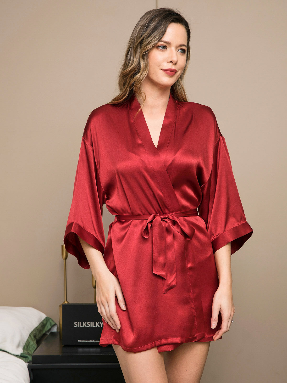 [Wine] SilkSilky-AU Pure Silk Half Sleeve Wrap Women's Dressing Gown 004