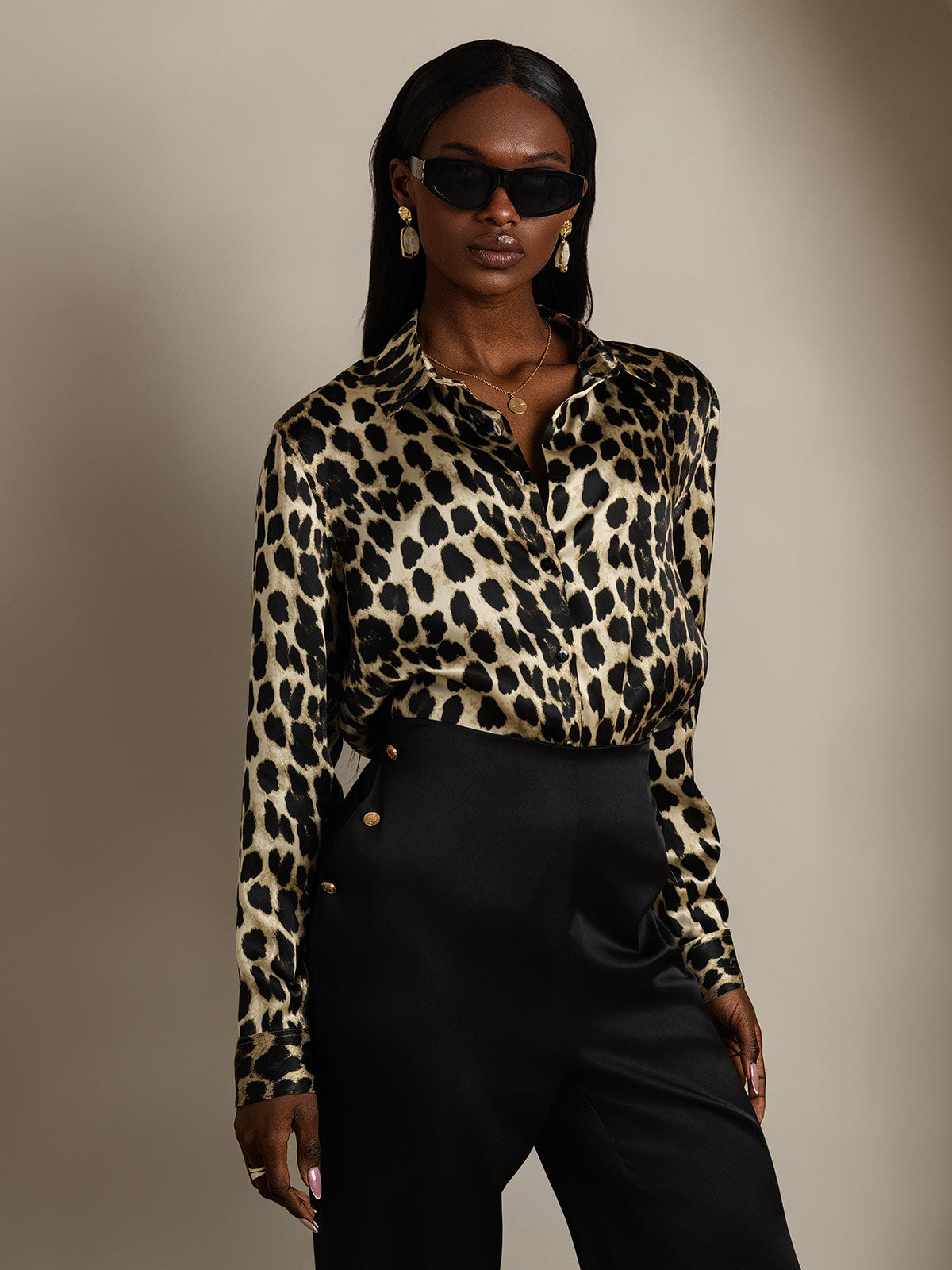 SilkSilky-AU Silk Long Sleeve Collar Women's Shirt Leopard 004