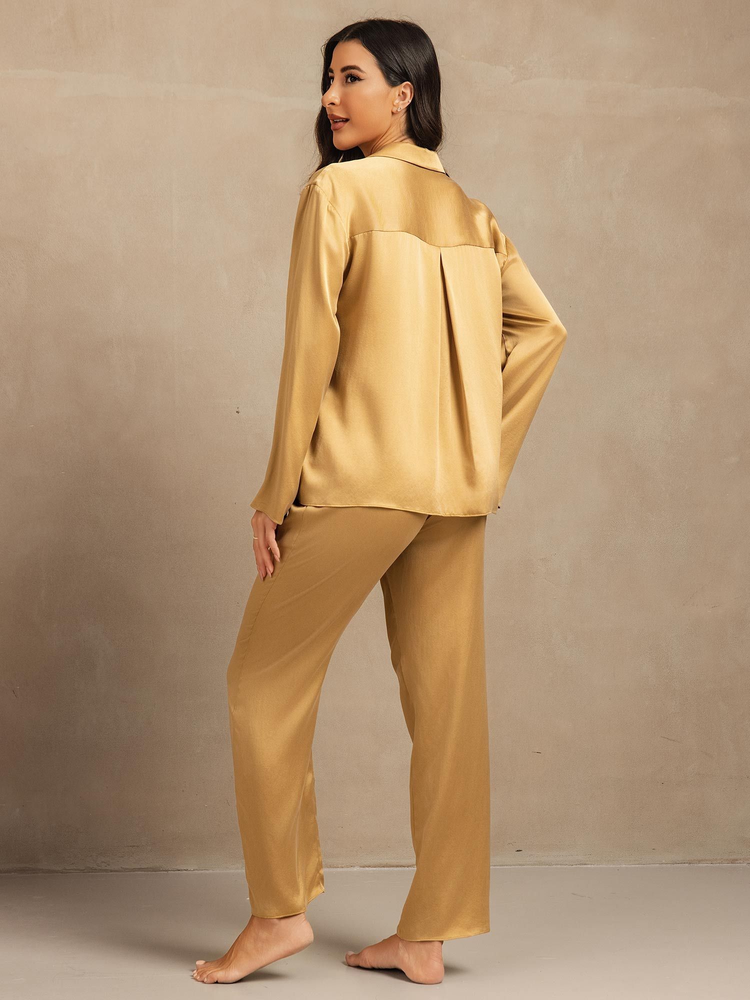 [Tan] SilkSilky-AU 19Momme Washable Silk Notched Neck Women's Pyjamas 002