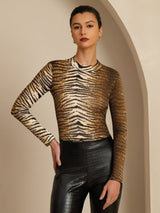 [Tiger] SilkSilky-AU 100% Silk Jersey Long Sleeve Mock Neck Women's T-Shirt 005