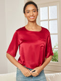 SilkSilky AU Pure Silk Half Sleeve Boat Neck Women's T Shirt DarkRed 001