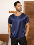 SilkSilky AU Pure Silk Short Sleeve V Neck Men's T Shirt DarkBlue 001