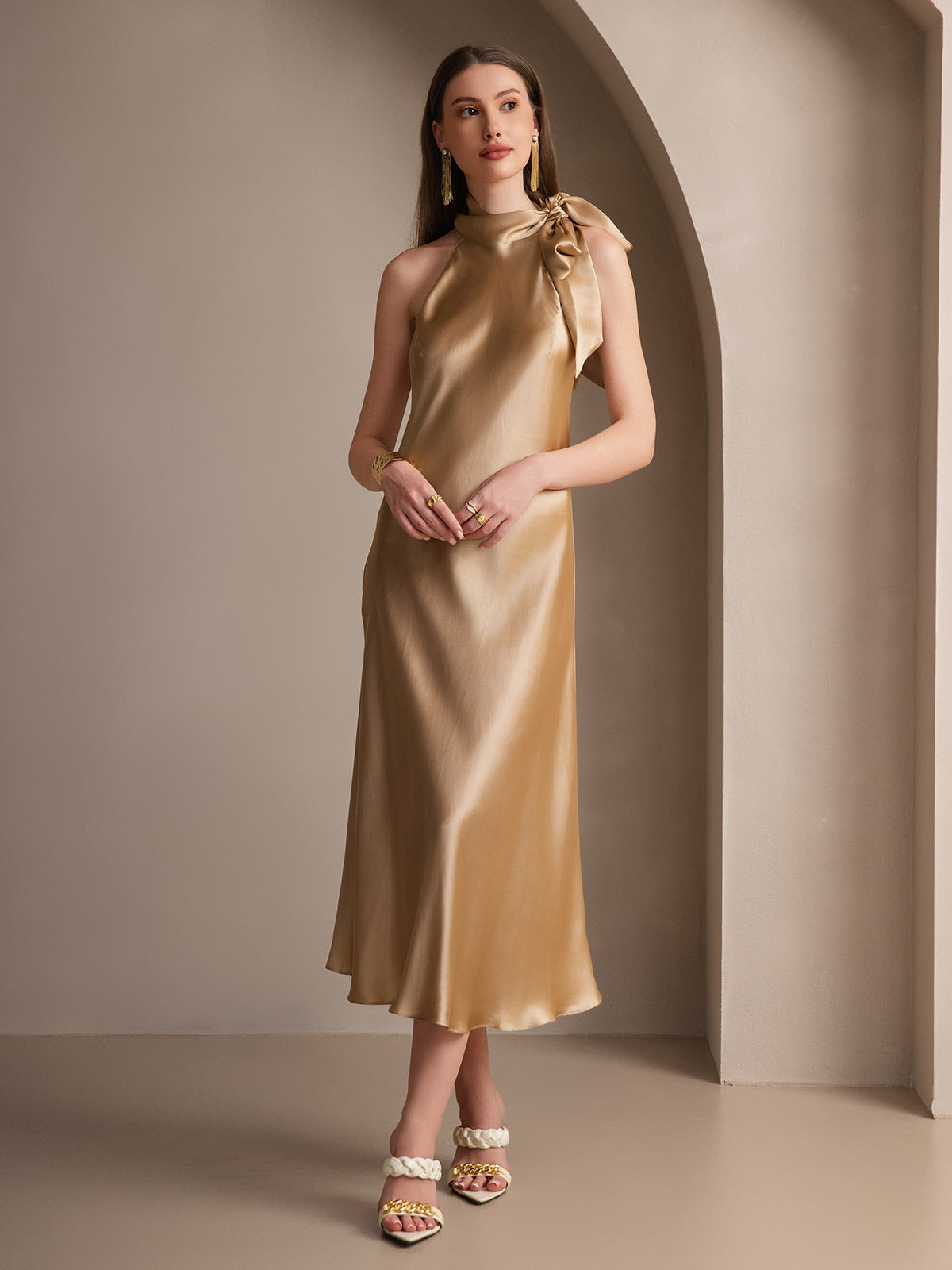 [Champagne] SilkSilky-AU 19Momme Silk Sleeveless Tie Neck Dress 001