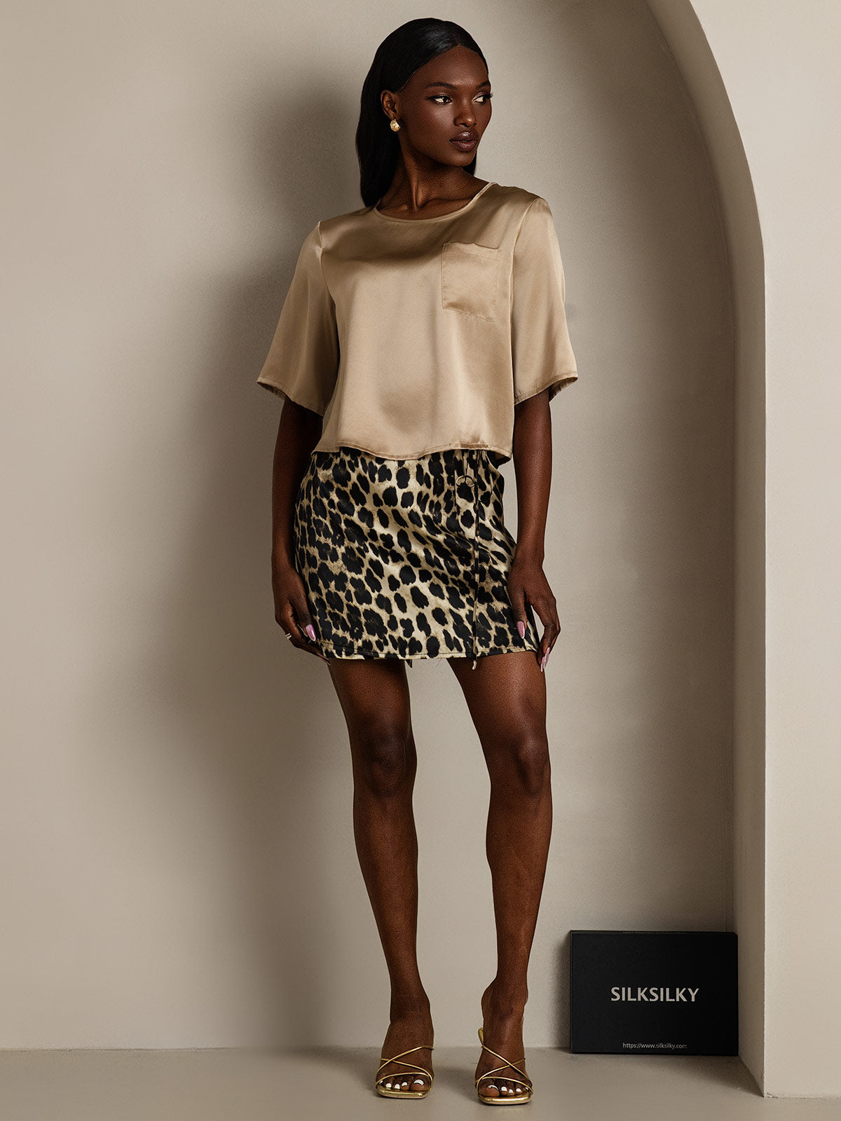 [Champagne] SilkSilky-AU Pure Silk Boat Neck Women's T-Shirt 006