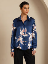 [Dark Blue] SilkSilky-AU 19Momme Long Sleeve Lapel Collar Women's Shirt 004