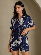 [Navy Cheetah] SilkSilky-AU Short Sleeve Notch Collar Women's Pyjamas 005
