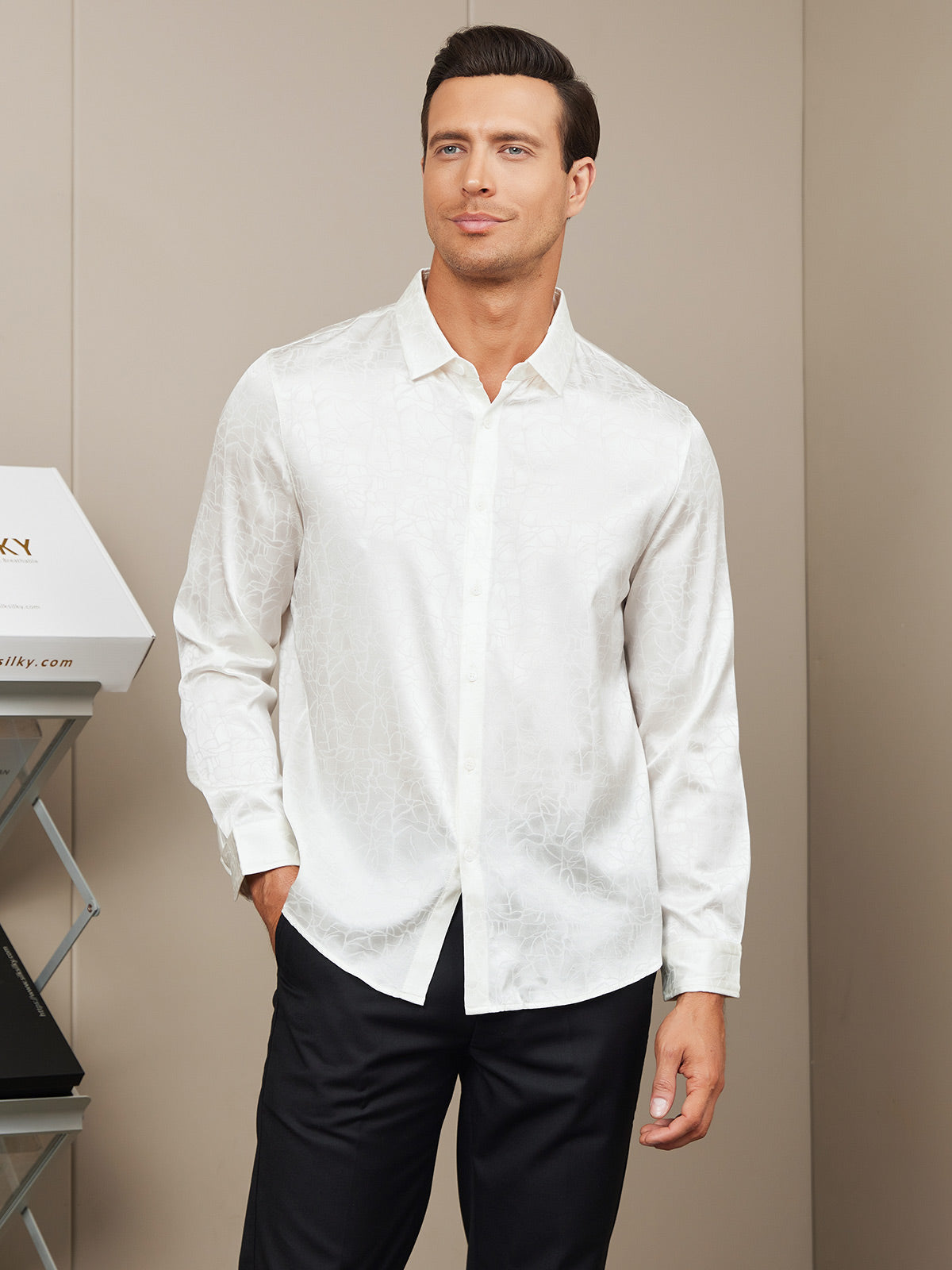 SilkSilky AU Silk Long Sleeve Collar Men's Shirt White 001