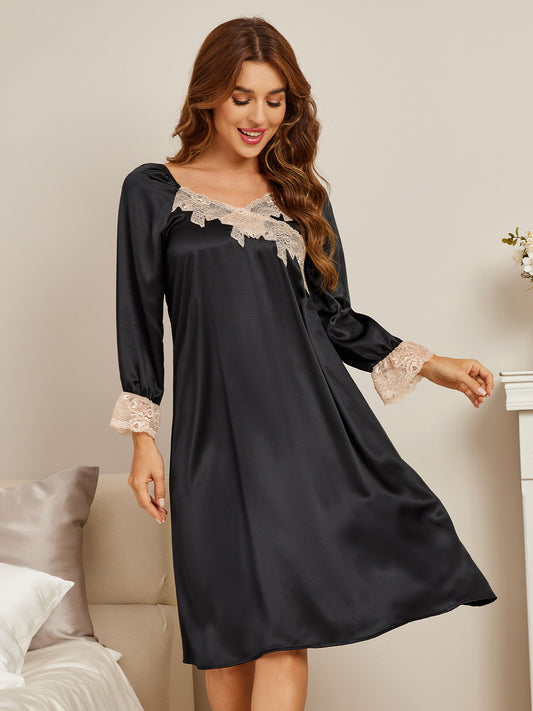 SilkSilky AU Pure Silk Long Sleeve Nightgown Black 001