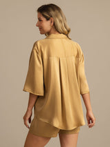 [Tan] SilkSilky-AU 19Momme Machine-Washable Silk Half Sleeve Notch Collar Women's Pyjamas 002