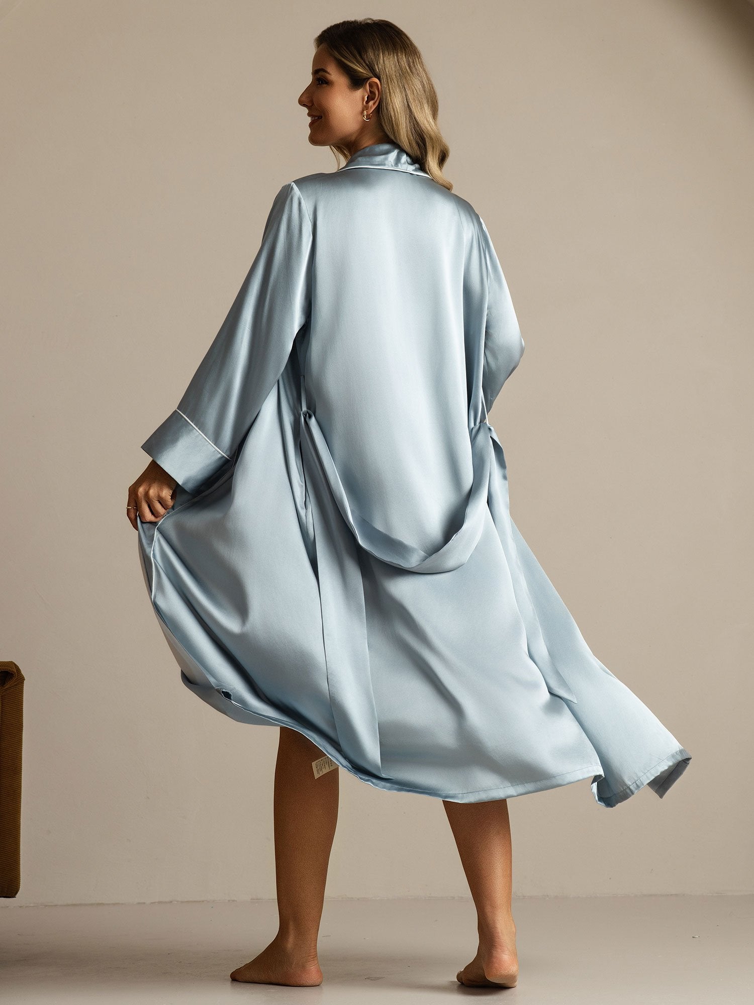 [GrayishBlue] SilkSilky-AU Pure Silk Collar Women's Dressing Gown 002