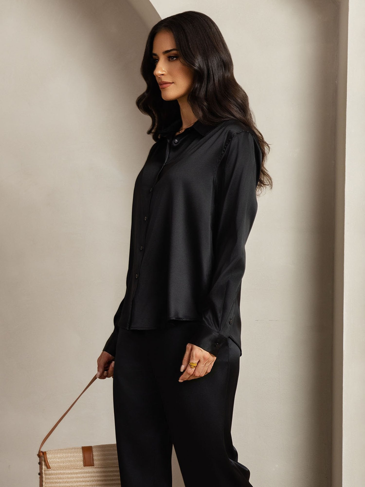 [Black] SilkSilky-AU 19Momme Silk Lapel Collar Women''s Outfit Sets 006