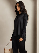 [Black] SilkSilky-AU 19Momme Silk Lapel Collar Women''s Outfit Sets 006,
