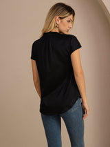 [Black] SilkSilky-AU Short Sleeve Split Women's Blouse 002
