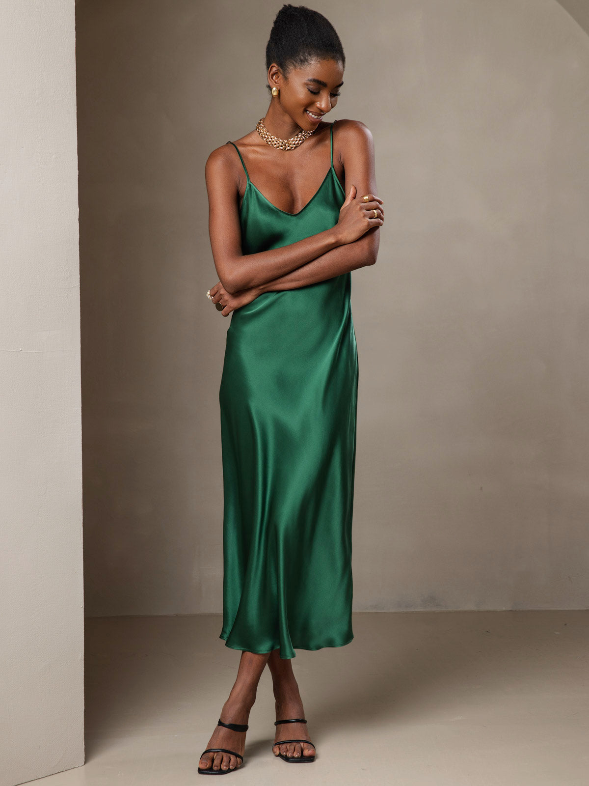 SilkSilky-AU Pure Silk Sleeveless Round Neck Dress Green 005