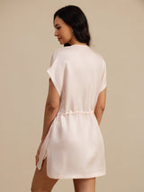 [Pink] SilkSilky-AU 18Momme Silk Satin Surah Cap Sleeve Henley Neck Dress 002
