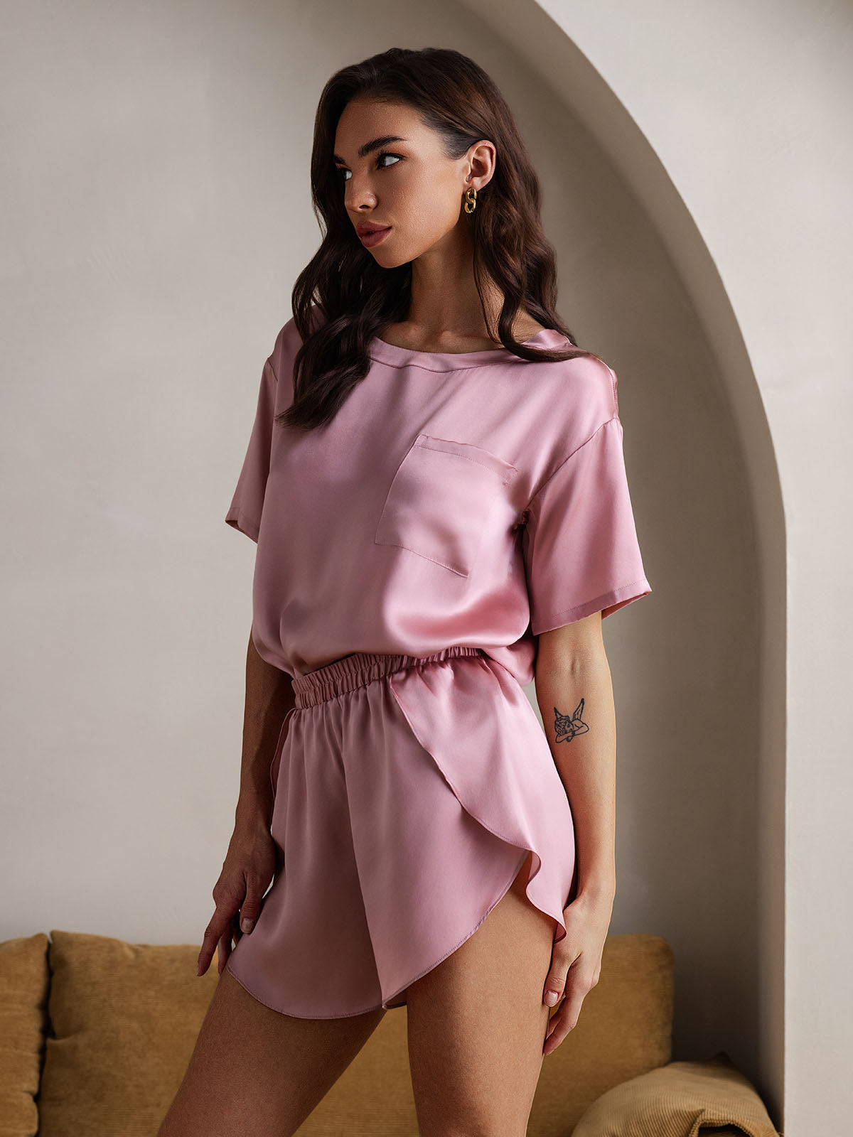 [Pale Mauve] SilkSilky-AU Pure Silk Round Neck Women's Pyjamas 001