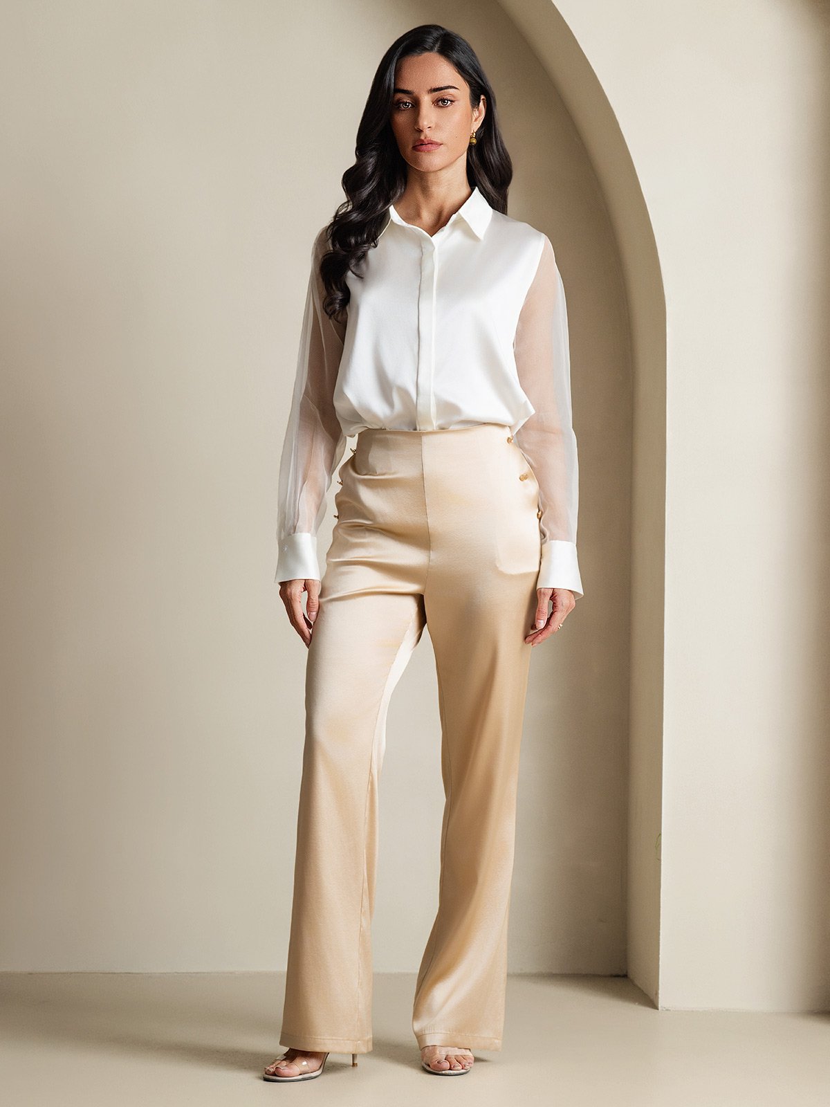 [White] SilkSilky-AU 19Momme Silk Lapel Collar Women's Shirt 007