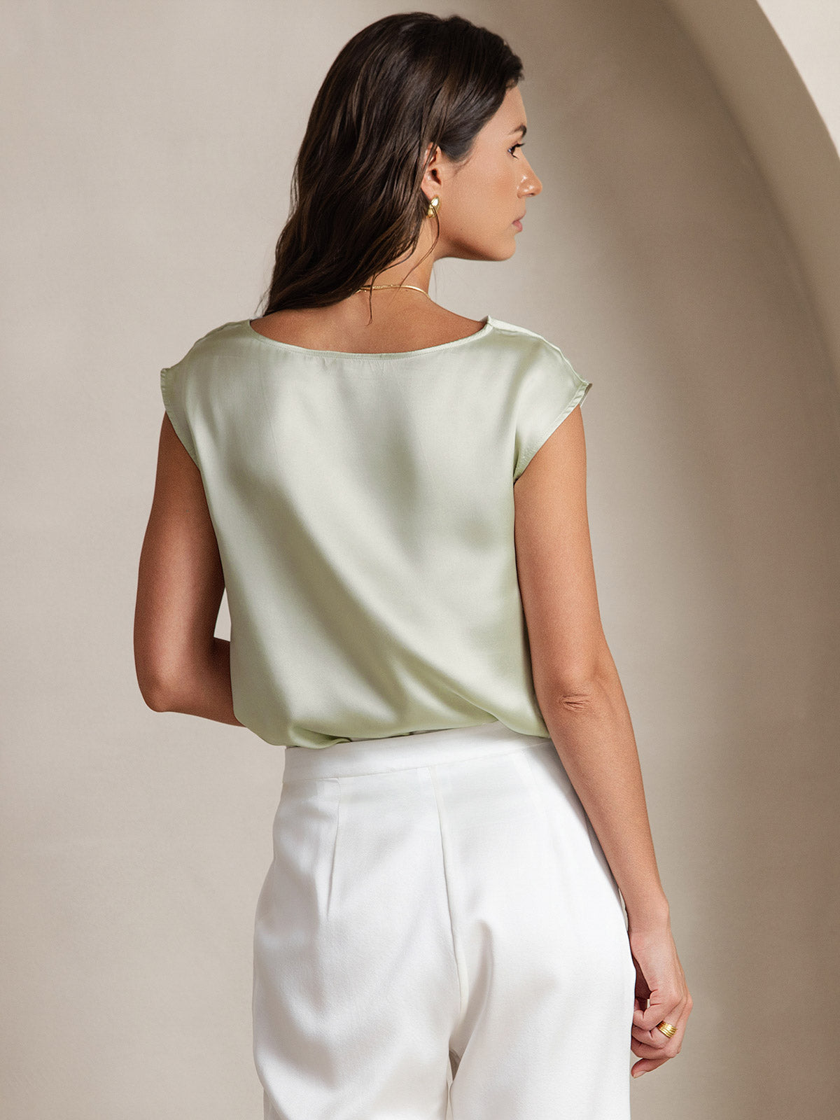 [Light Green] SilkSilky-AU 19Momme Silk Sleeveless Cowl Neck Women's T-Shirt 002