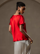 [Wine] SilkSilky-AU 19Momme Stretch Silk Charmeuse Short Sleeve Boat Neck Women's T-Shirt 002