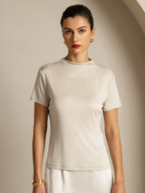 [Gray] SilkSilky-AU 100% Silk Jersey Short Sleeve Mock Neck Women's T-Shirt 006