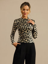 [Leopard] SilkSilky-AU 100% Silk Jersey Long Sleeve Mock Neck Women's T-Shirt 005