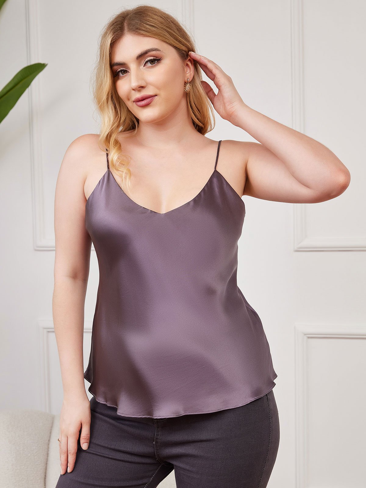 SilkSilky-AU Pure Silk Deep V Neck Plus Size Camisole Top PurpleGray 001