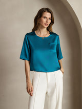 [Teal] SilkSilky-AU Half Sleeve Scoop Neck Women's T-Shirt 004
