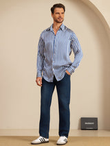 [Navy Stripe] SilkSilky-AU 19Momme Stretch Silk Charmeuse Long Sleeve Lapel Collar Men's Shirt 007