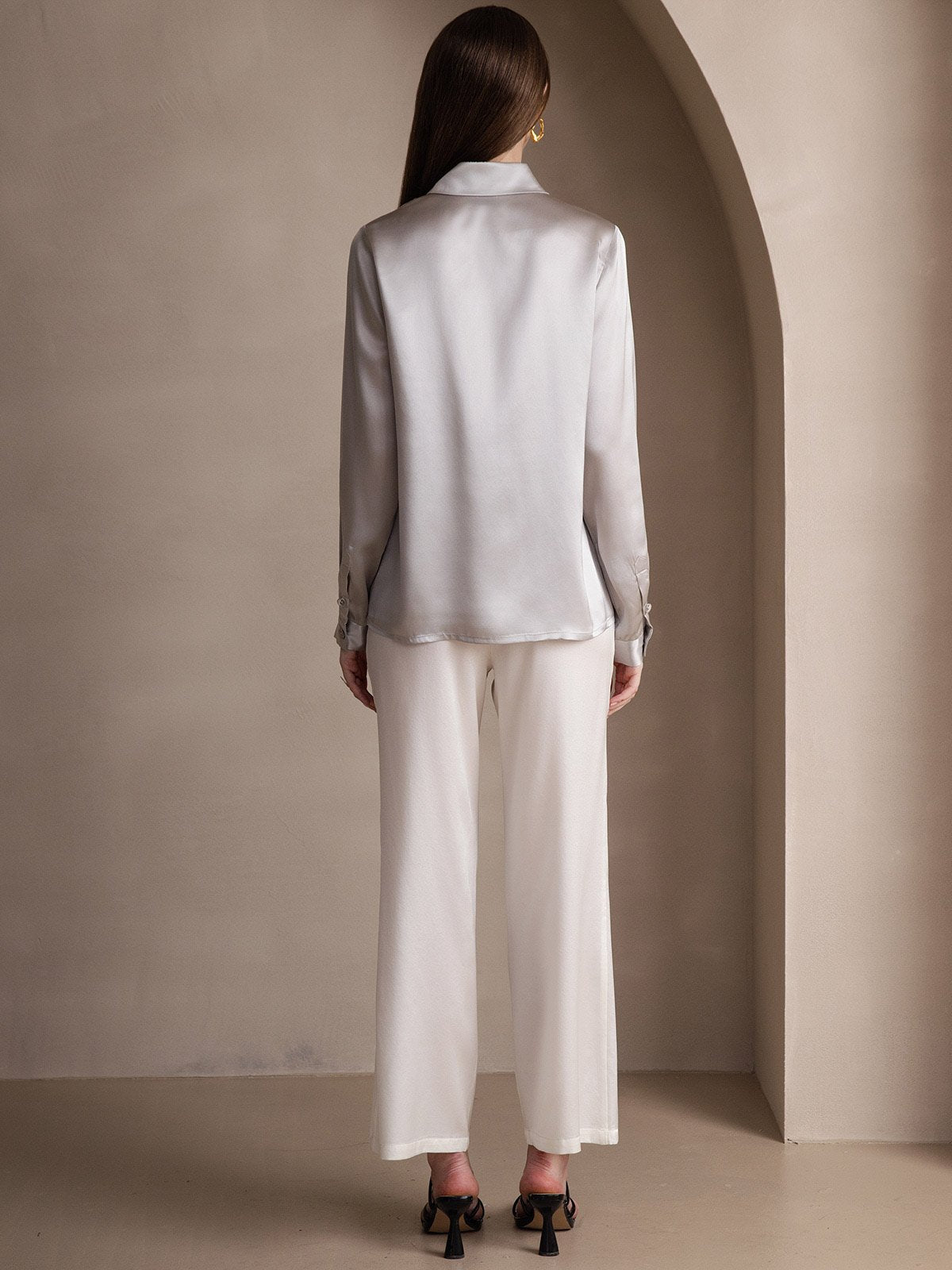 [Light Gray] SilkSilky-AU 19Momme Silk Long Sleeve Lapel Collar Women's Shirt 002